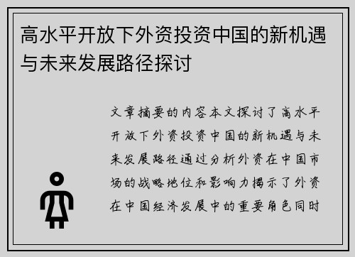高水平开放下外资投资中国的新机遇与未来发展路径探讨